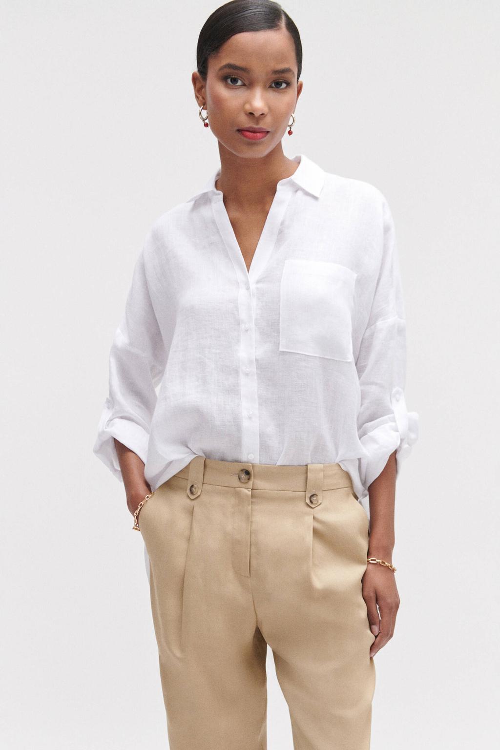 Witte dames Caroll linnen blouse met effen, lange mouwen, klassieke kraag, knoopsluiting en oprolfunctie