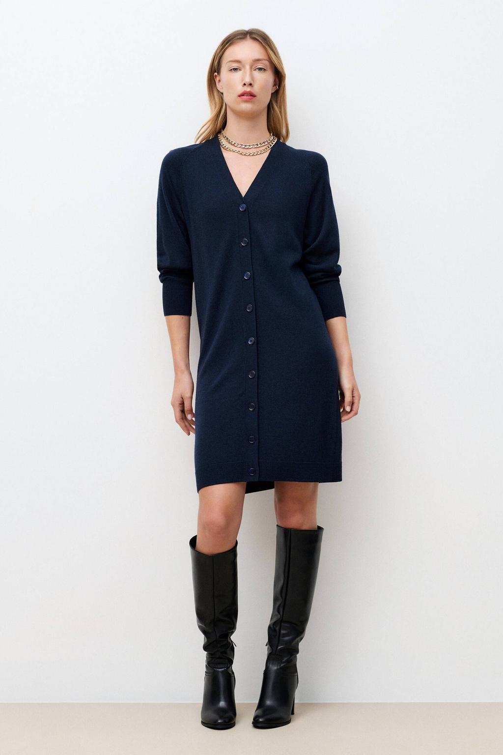 Marineblauw dames Caroll wollen gebreide jurk blauw met effen, lange mouwen, V-hals en knoopsluiting