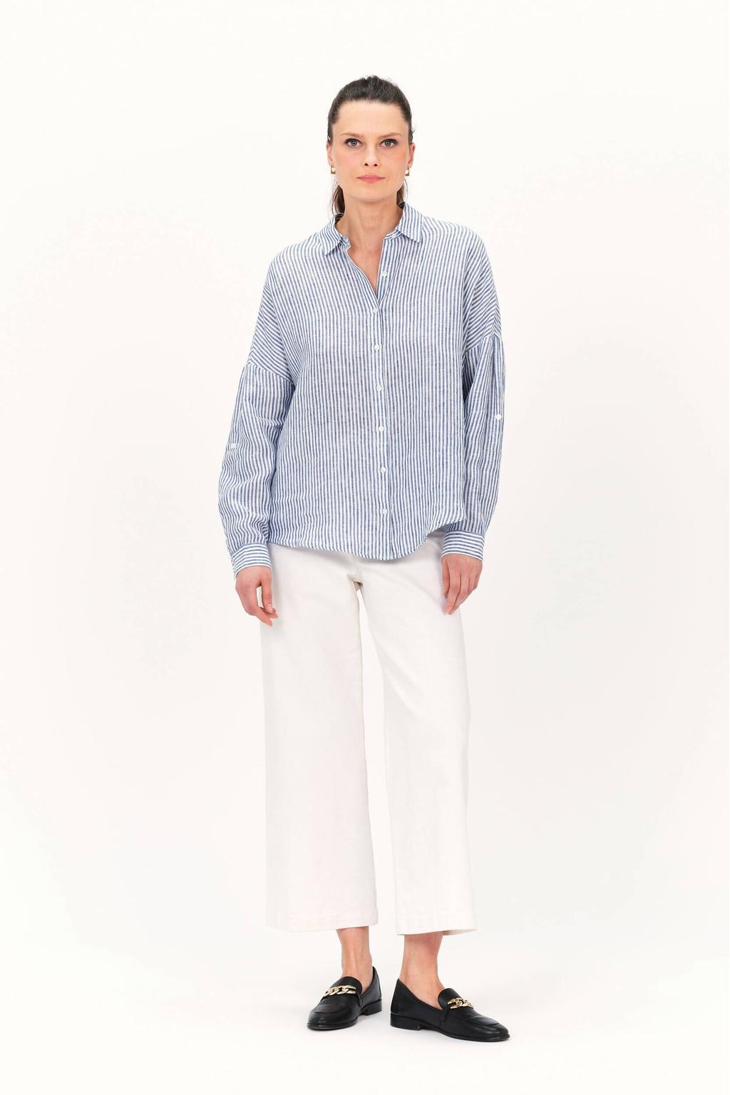 Lichtblauw en witte dames Caroll gestreepte blouse van katoen met lange mouwen, klassieke kraag en knoopsluiting