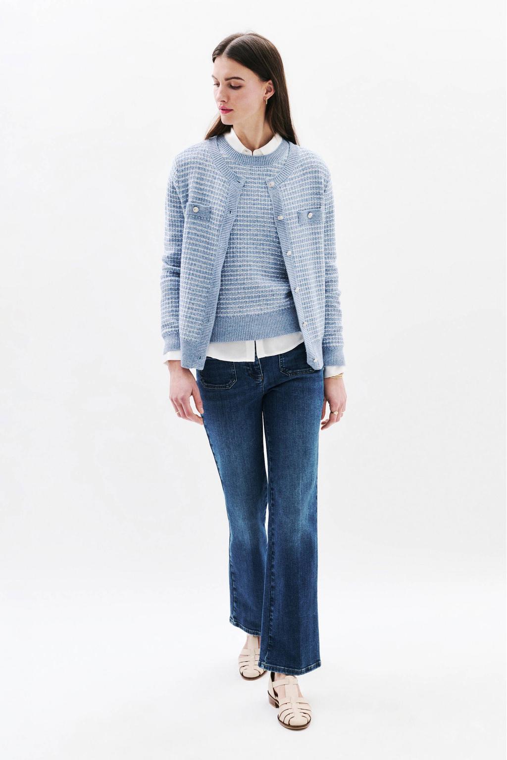 Lichtblauwe dames Caroll gestreepte gebreid vest met lange mouwen, ronde hals en knoopsluiting