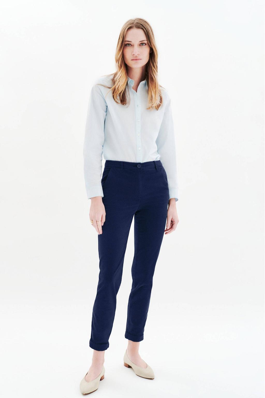 Marineblauw dames Caroll straight regular waist chino blauw van katoen met rits- en knoopsluiting en effen