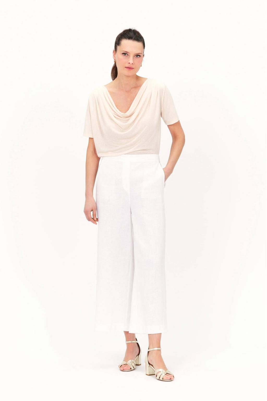 Witte dames Caroll wide leg high waist casual broek van linnen met elastische inzet en effen