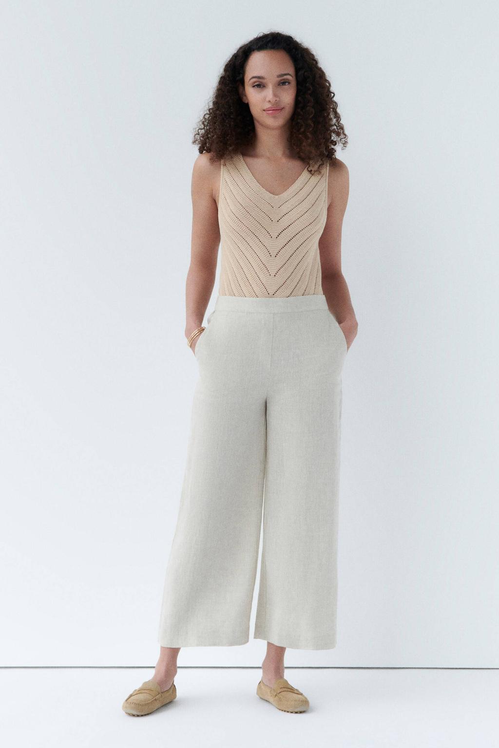 Zandkleurige dames Caroll wide leg high waist casual broek van linnen met elastische inzet en effen