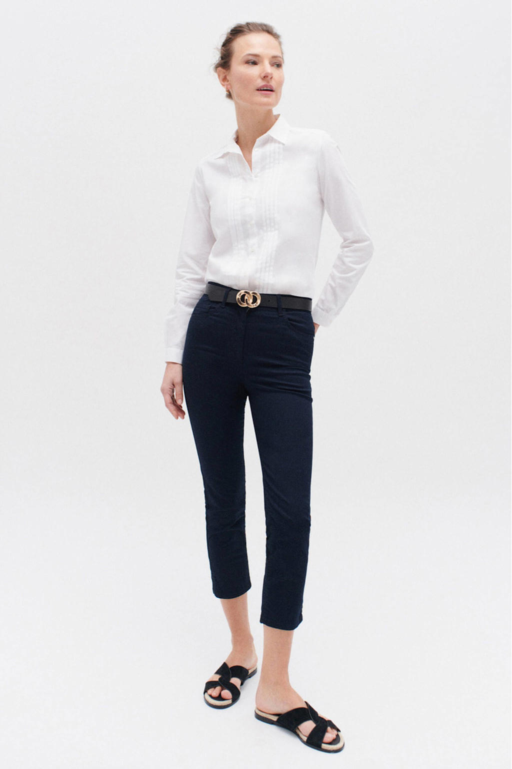 Marineblauw dames Caroll slim regular waist cropped broek blauw van katoen met effen
