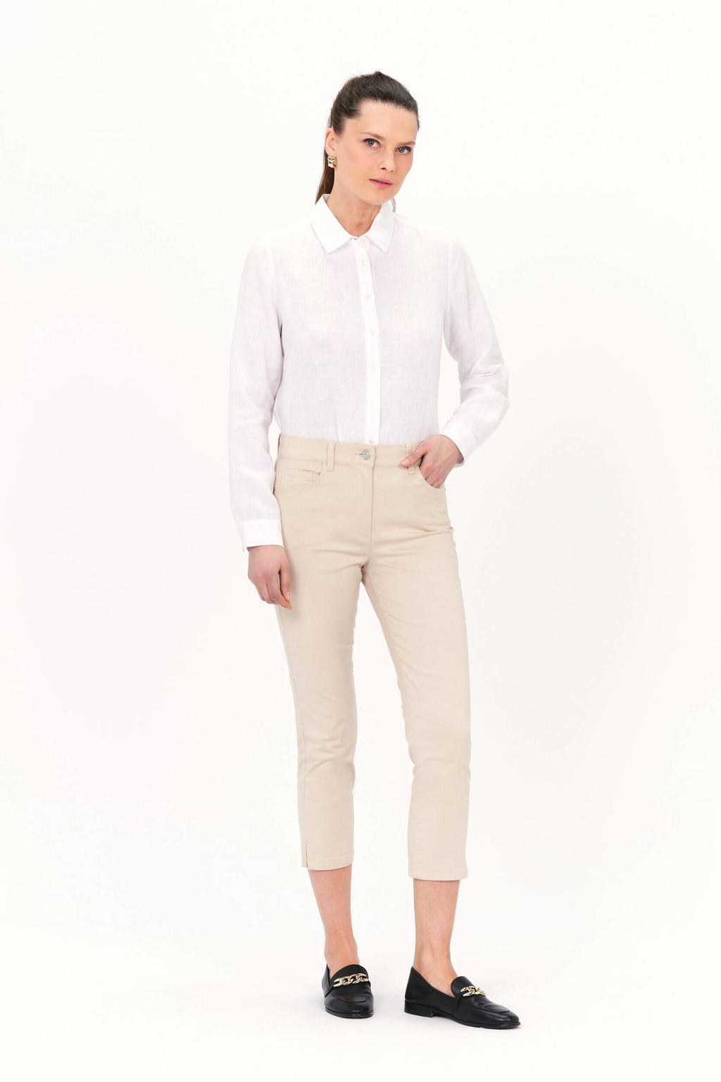 Beige dames Caroll slim regular waist cropped broek van katoen met effen