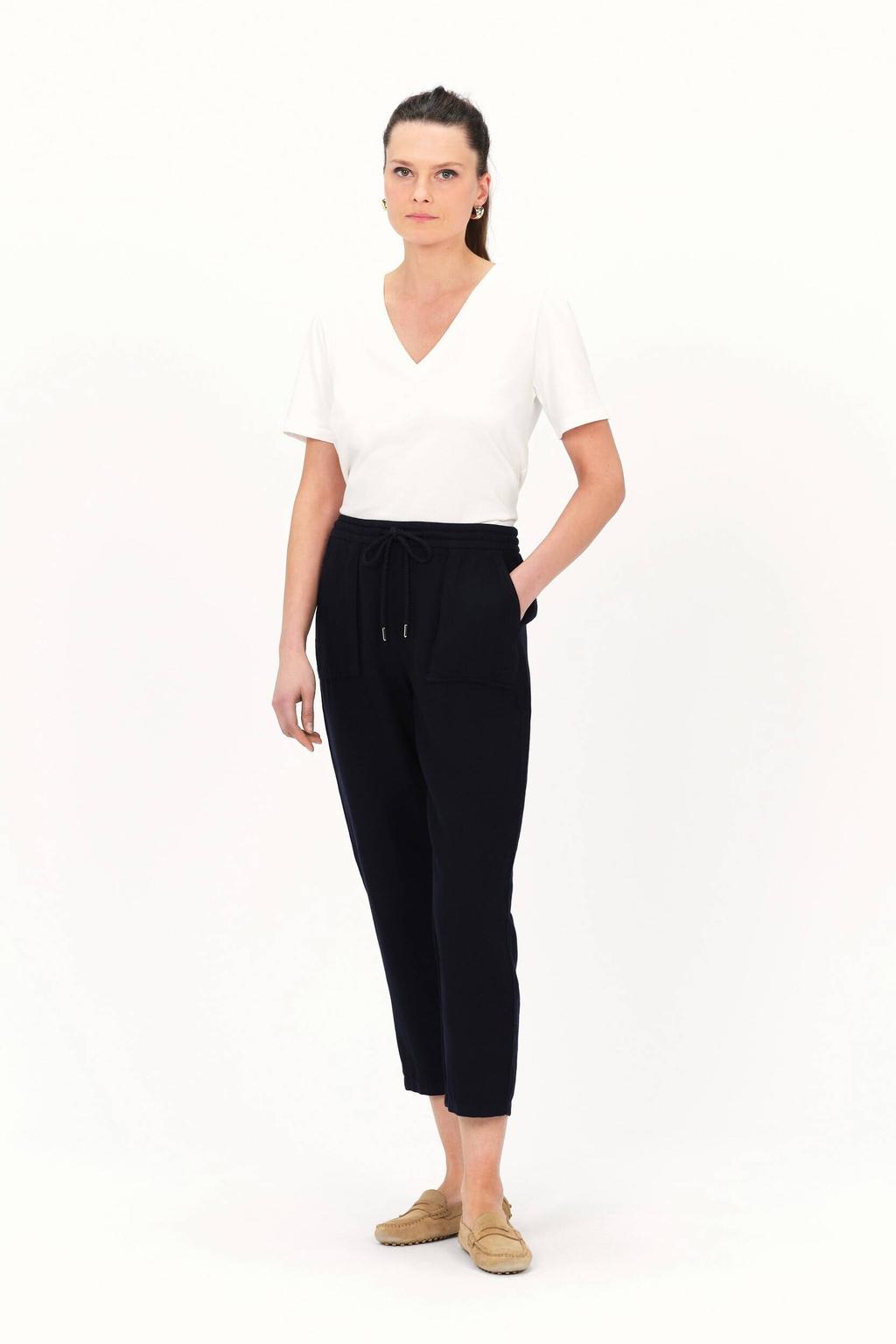 Marineblauw dames Caroll relaxed regular waist casual broek blauw van linnen met elastische tailleband met koord en effen