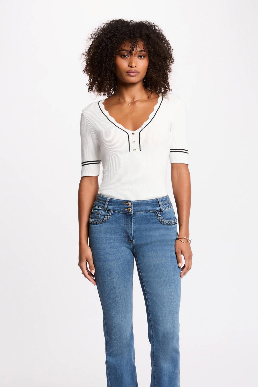 Witte dames Morgan top van viscose met effen, korte mouwen en V-hals