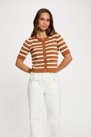 gestreepte gebreid vest camel