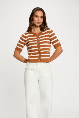 gestreepte gebreid vest camel