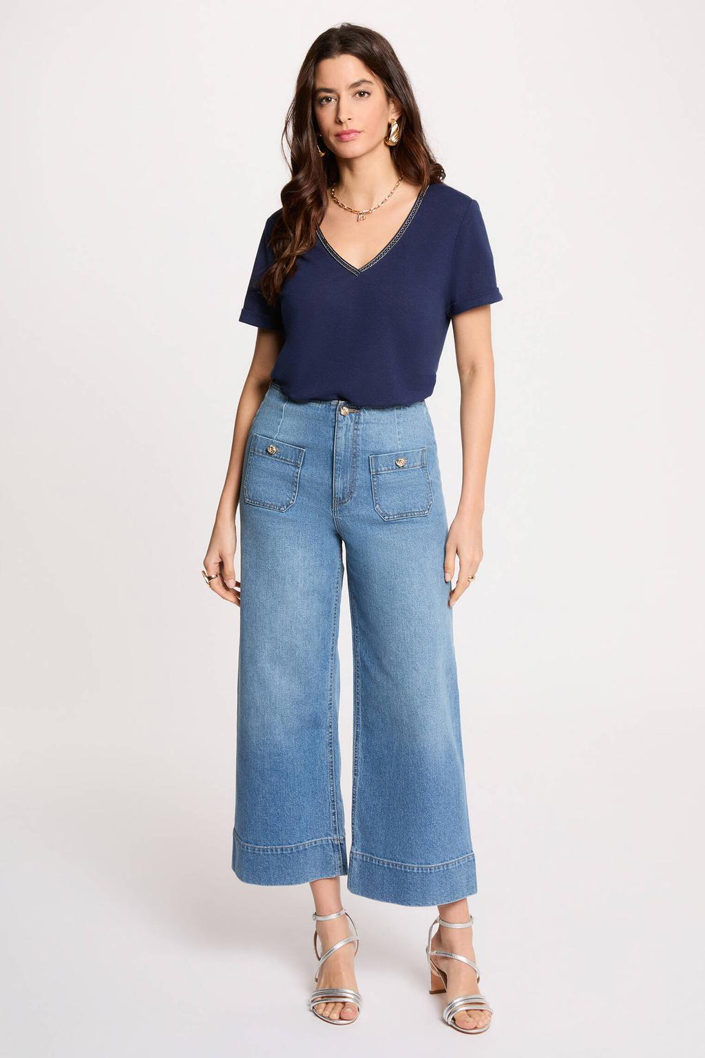 Marineblauw dames Morgan top blauw van linnen met effen, korte mouwen, V-hals en contrast bies