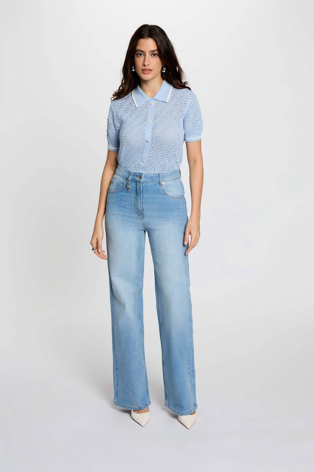 Medium blue denim dames Morgan high waist wide leg jeans van denim met rits- en knoopsluiting en effen