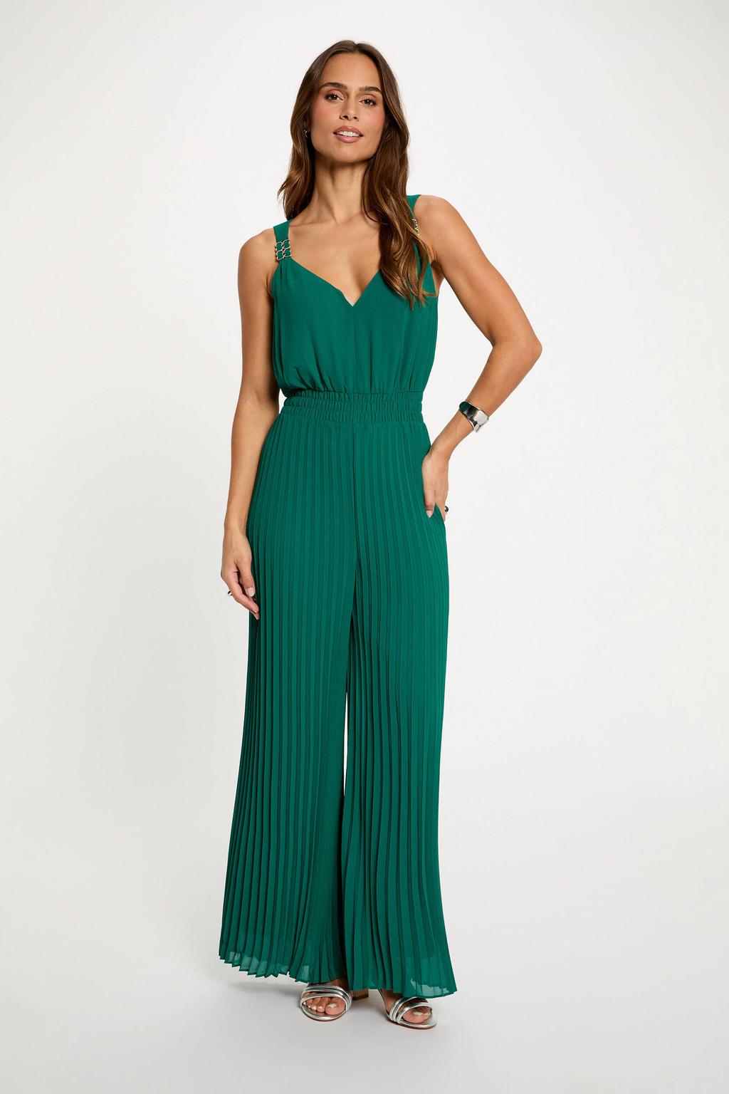 Groene dames Morgan jumpsuit van polyester met effen, V-hals en ritssluiting