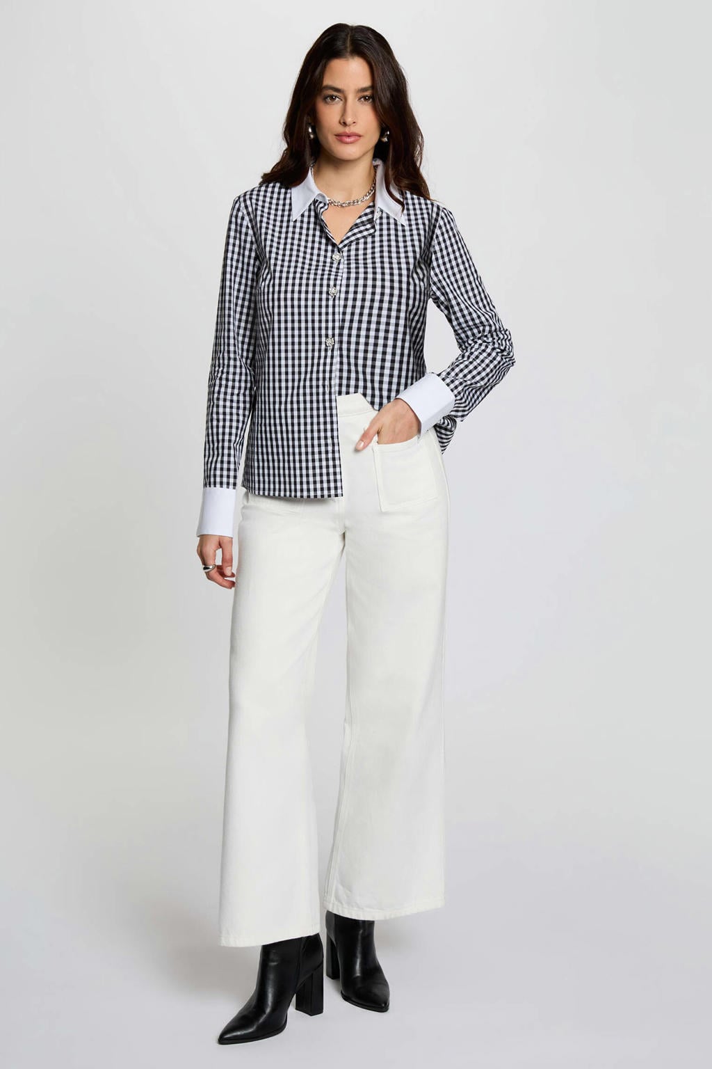 Multi, zwart en witte dames Morgan geruit blouse van katoen met lange mouwen, klassieke kraag en knoopsluiting