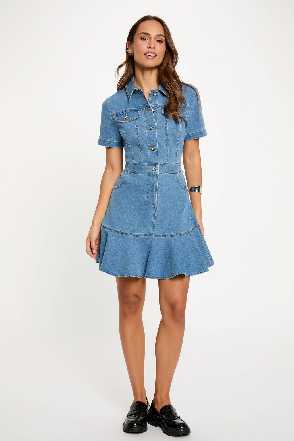 Medium blue denim dames Morgan A-lijn jurk van denim met effen, korte mouwen, klassieke kraag en knoopsluiting