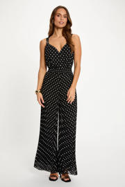 thumbnail: Zwarte dames Morgan jumpsuit van polyester met stippenprint en V-hals