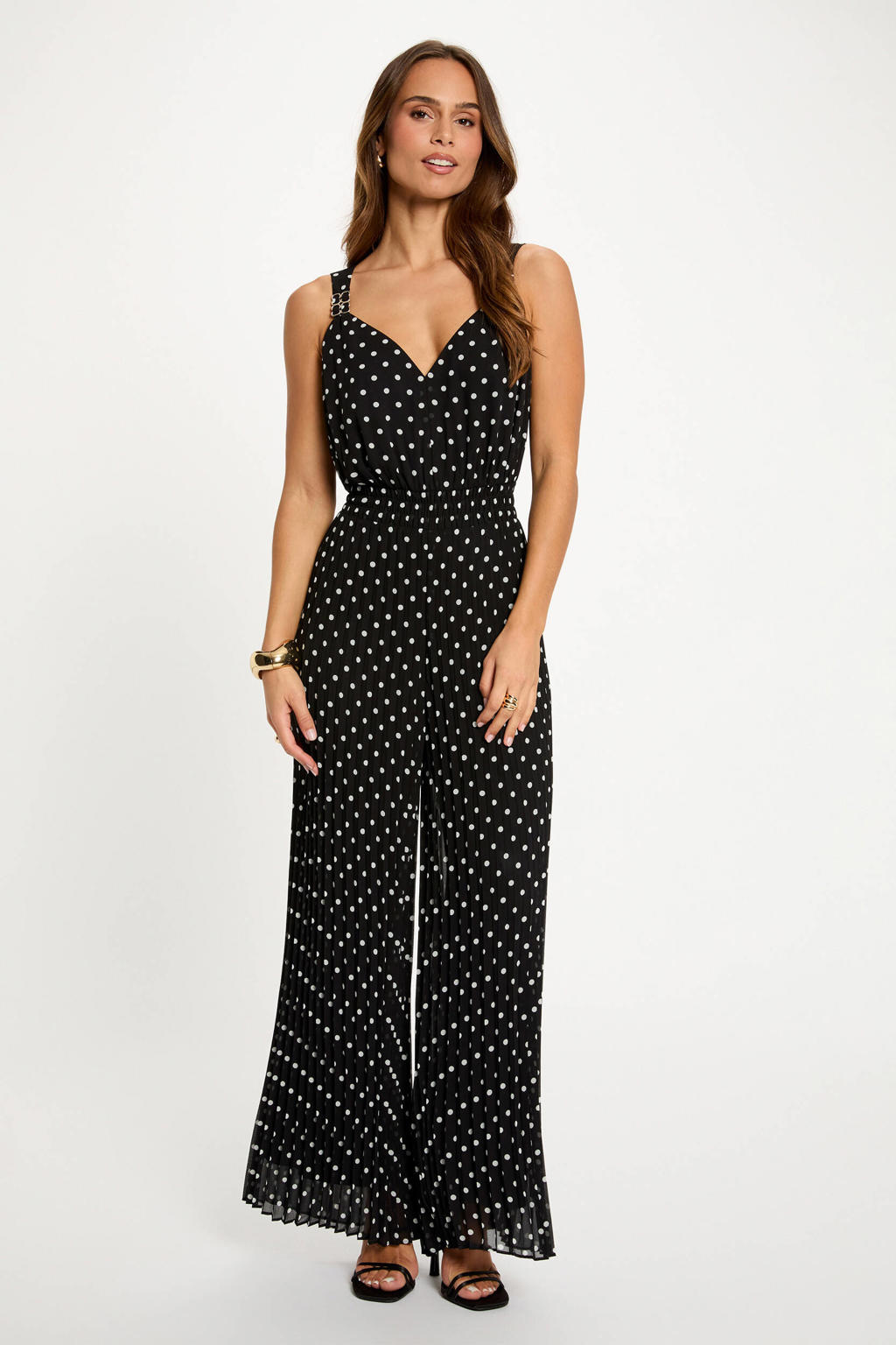 Zwarte dames Morgan jumpsuit van polyester met stippenprint en V-hals