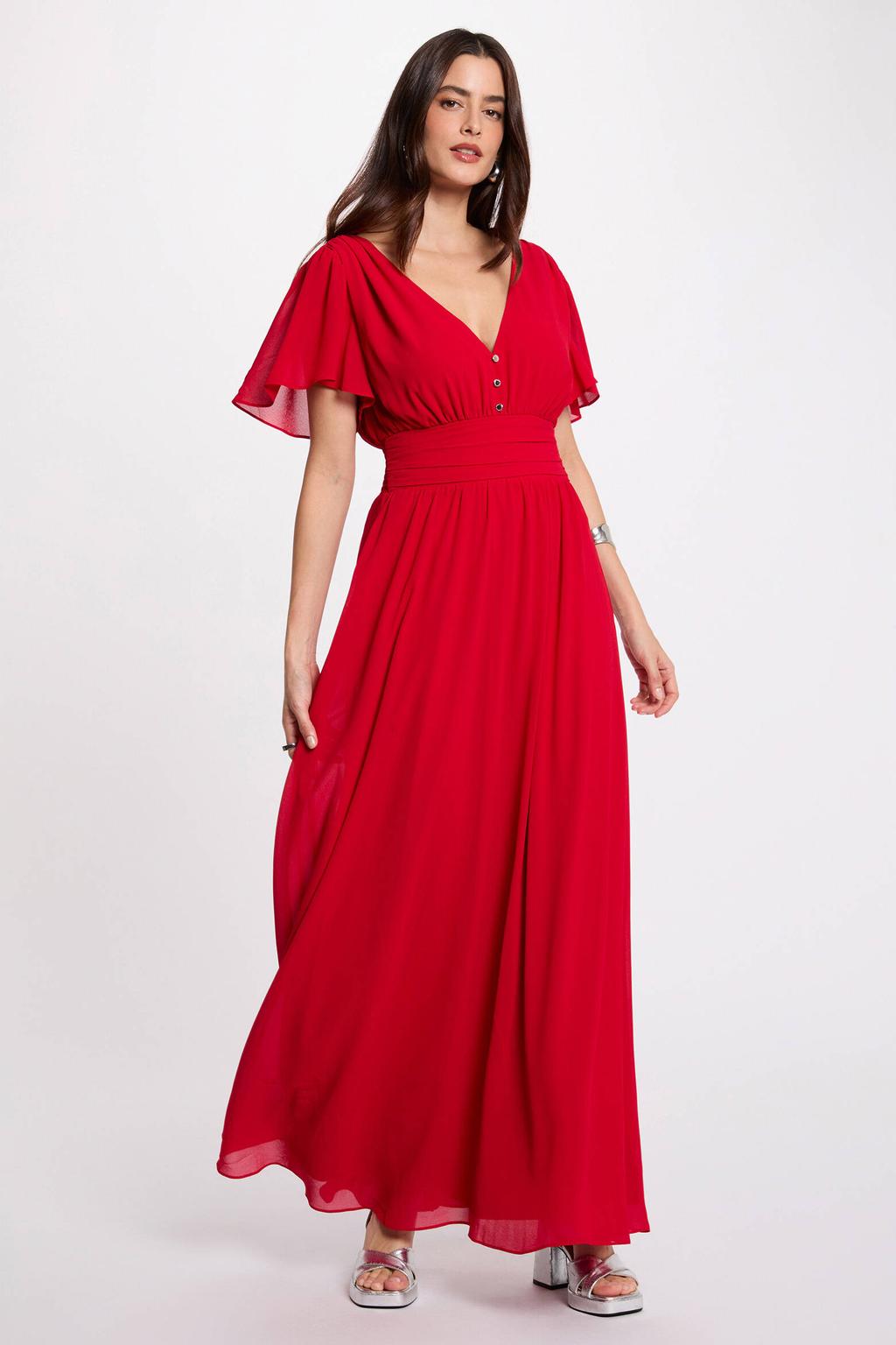 Rode dames Morgan maxi jurk van polyester met effen, korte mouwen, V-hals, ritssluiting en semi-transparante details