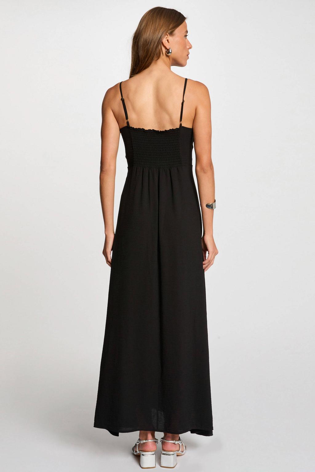 Zwarte dames Morgan maxi jurk van polyester met effen, spaghettibandjes, V-hals, elastische inzet en open detail