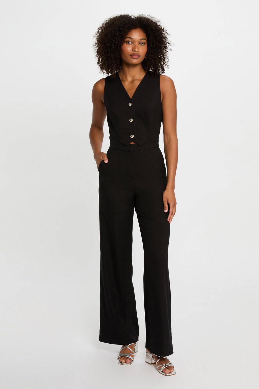 Zwarte dames Morgan jumpsuit van polyester met effen, V-hals en knoopsluiting