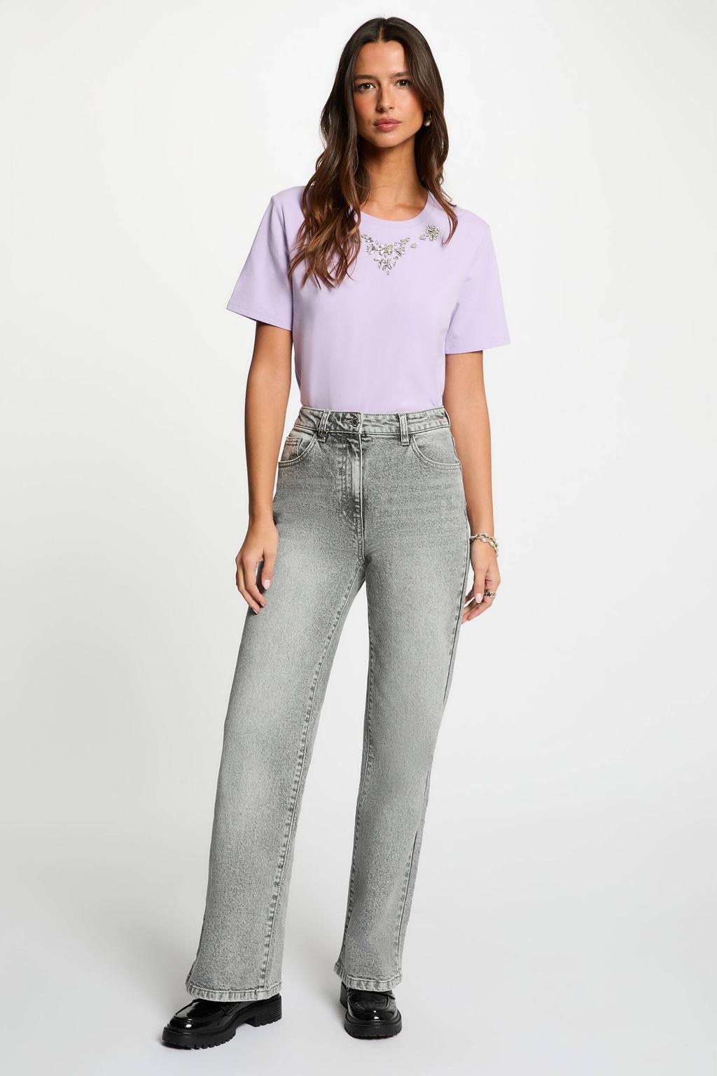 Lilakleurige dames Morgan T-shirt van katoen met effen, korte mouwen, ronde hals en sierstenen