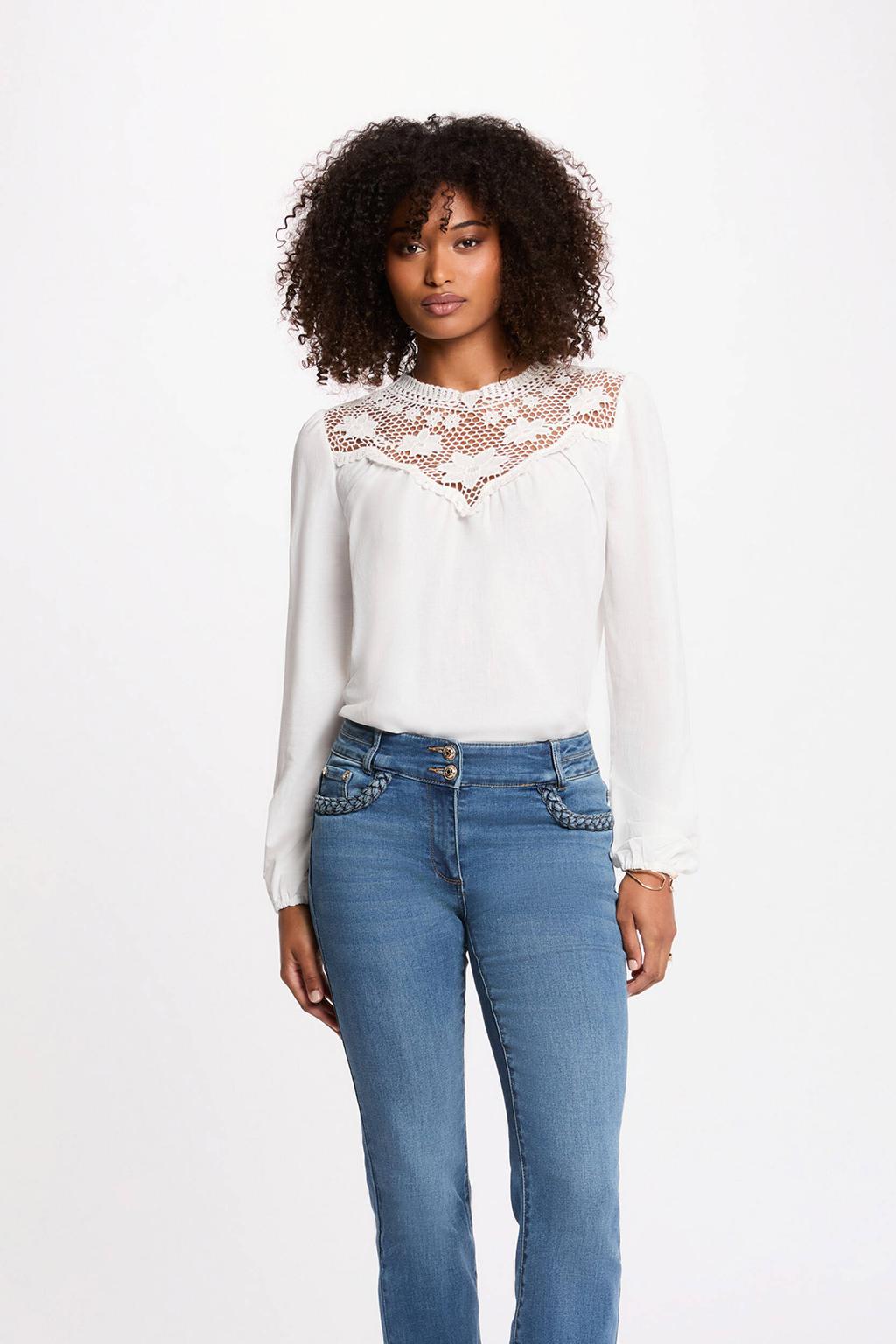 Witte dames Morgan top broderie van viscose met effen, lange mouwen en ronde hals