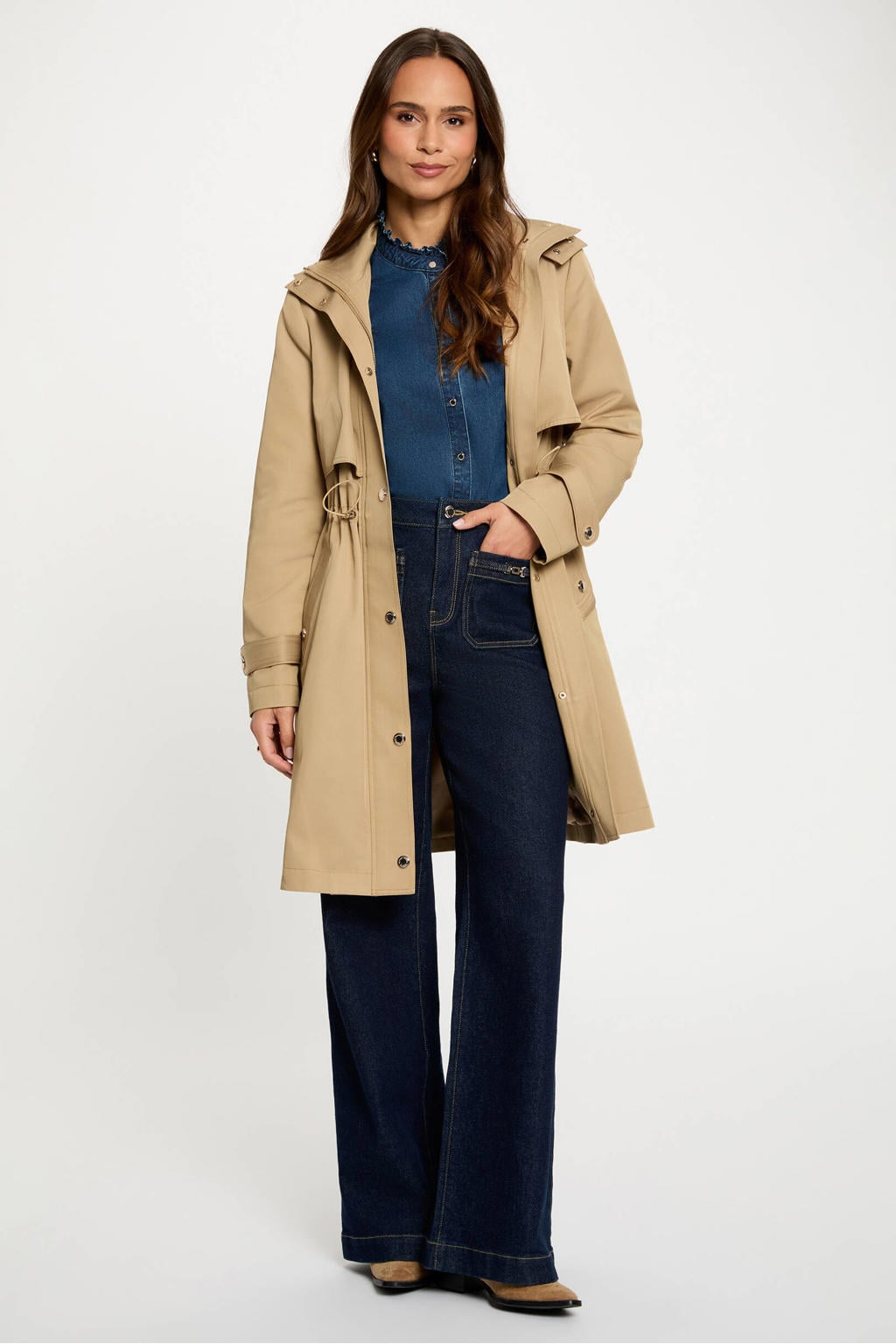 Beige dames Morgan parka van katoen met effen, lange mouwen en opstaande kraag