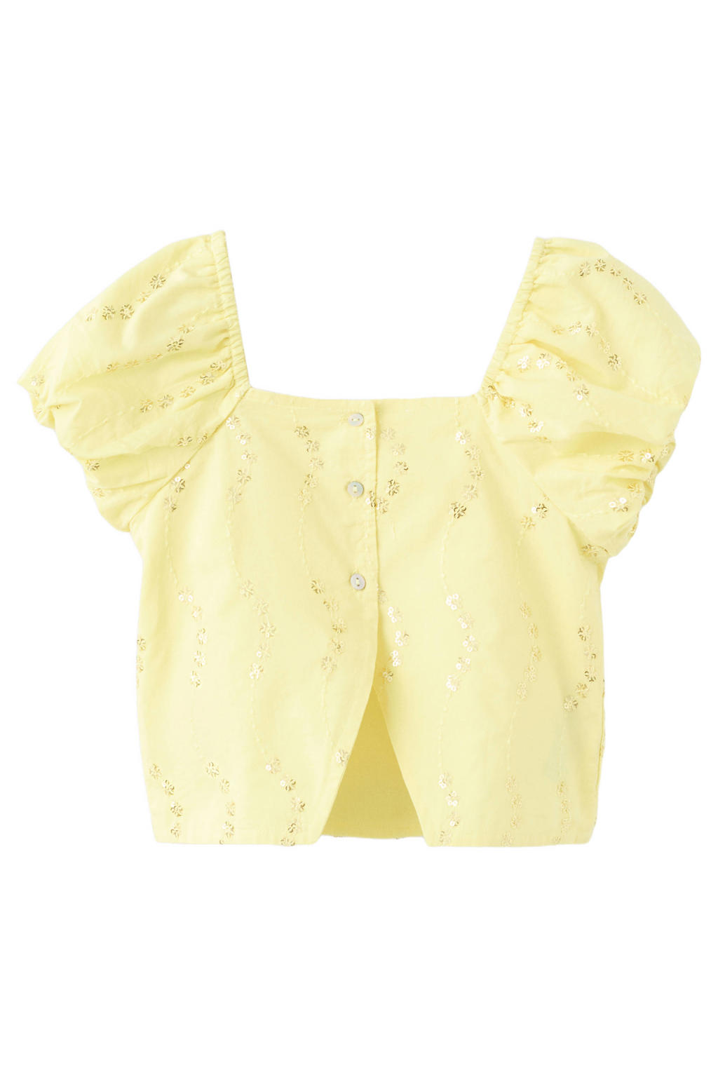 Gele meisjes Mango Kids blousetop van katoen met korte mouwen, vierkante hals, knoopsluiting en open detail