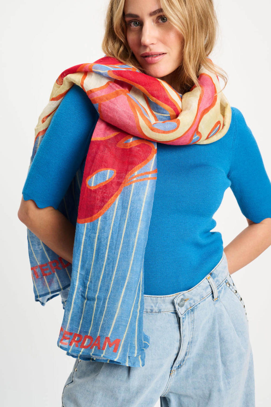 POM Amsterdam sjaal Urban Flora Stripes blauw/roze