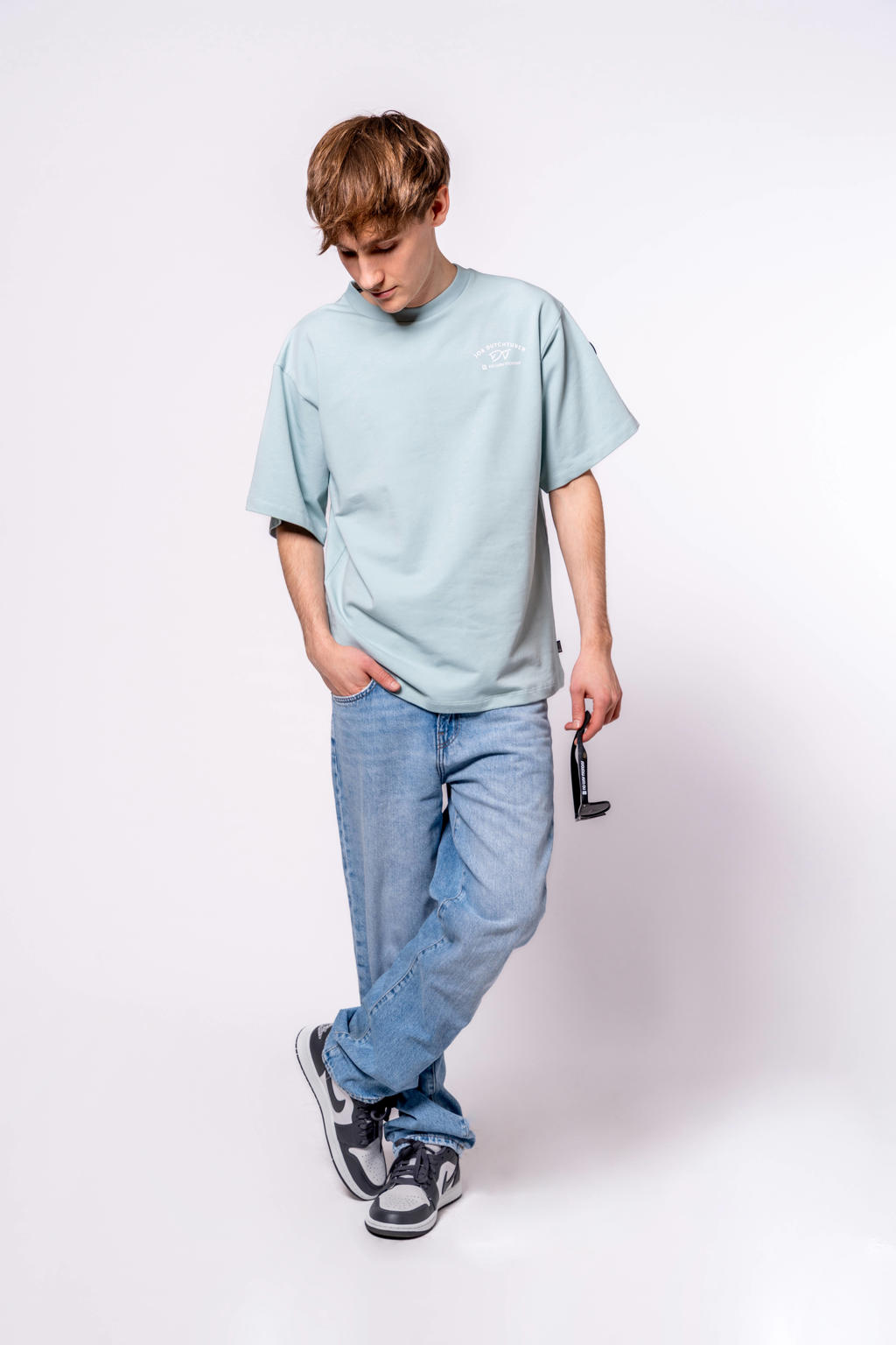 No Way Monday X Job Dutchtuber T-shirt + korte broek met backprint lichtblauw