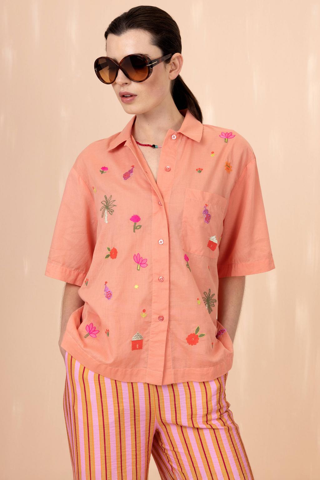 Oranje dames Oilily blouse van katoen met korte mouwen, klassieke kraag en knoopsluiting