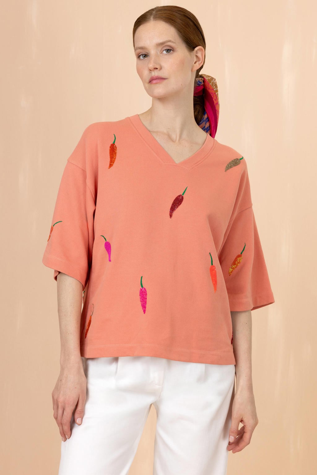 Oranje dames Oilily sweater van katoen met lange mouwen, V-hals en pailletten