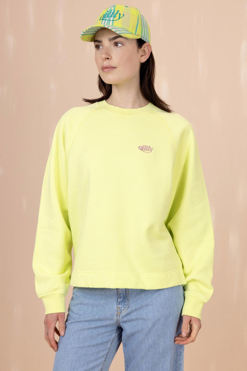 Lichtgele dames Oilily sweater met tekst print, lange mouwen en ronde hals