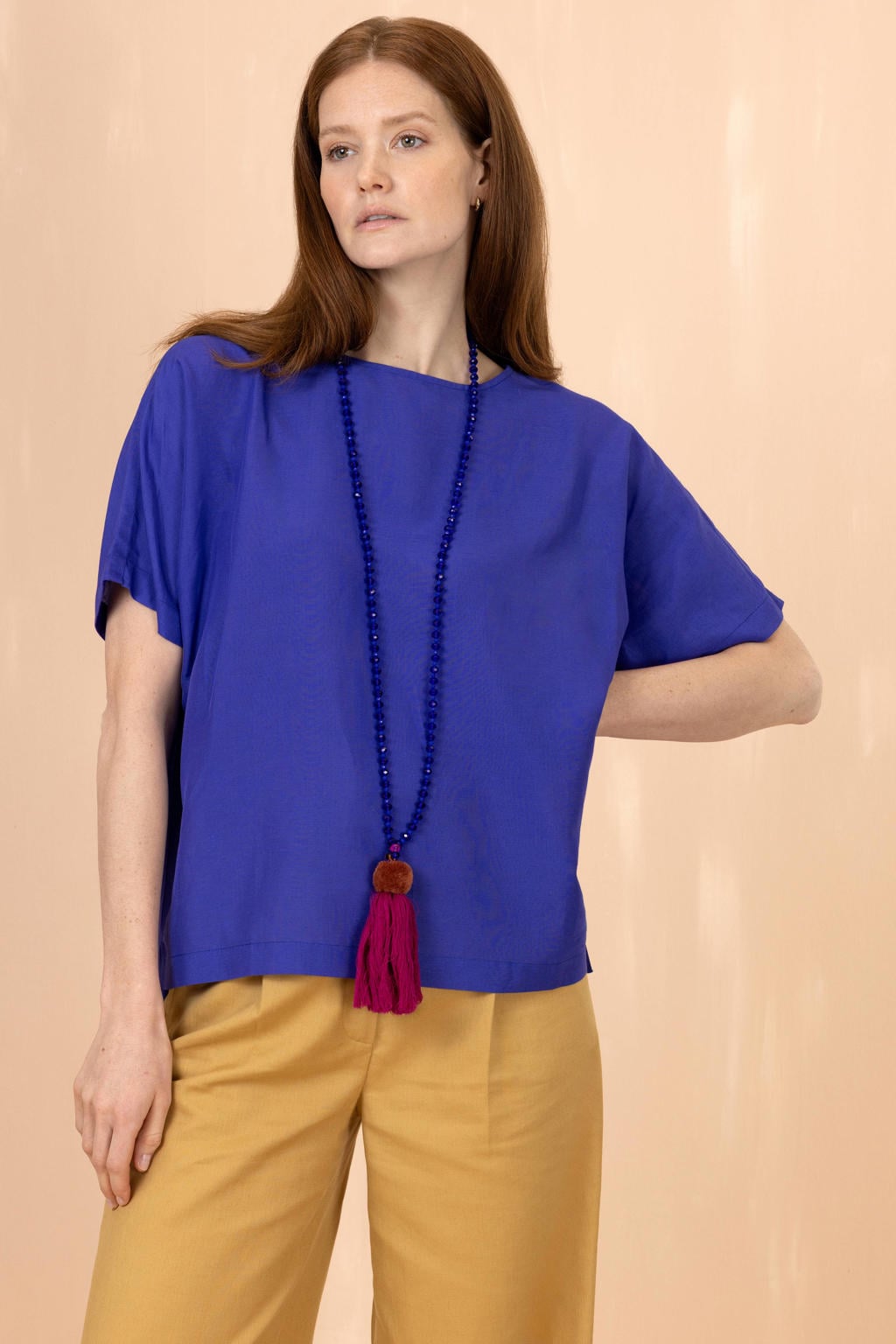 Donkerblauwe dames Oilily blouse van viscose met effen, korte mouwen, klassieke kraag en knoopsluiting