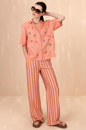 wide leg high waist gestreepte broek roze