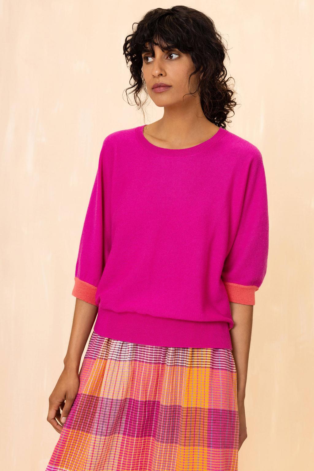 Roze dames Oilily top van wol met effen, korte mouwen en ronde hals