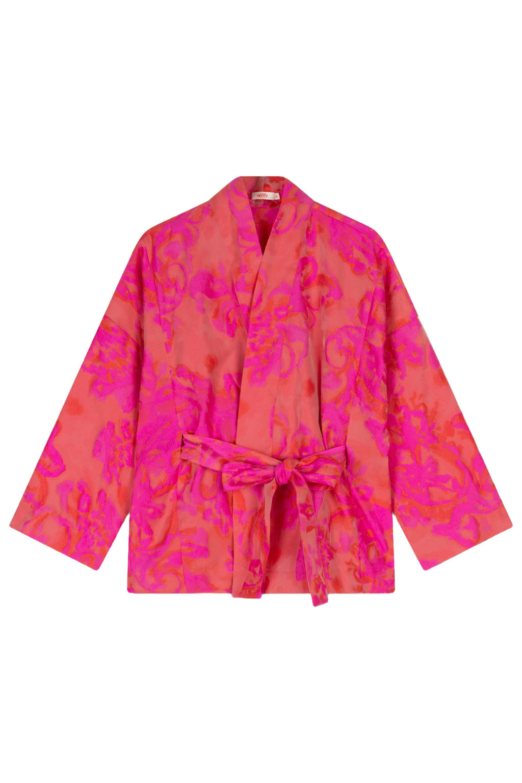 Oranje en roze dames Oilily kimono van polyester met bloemenprint, lange mouwen en V-hals