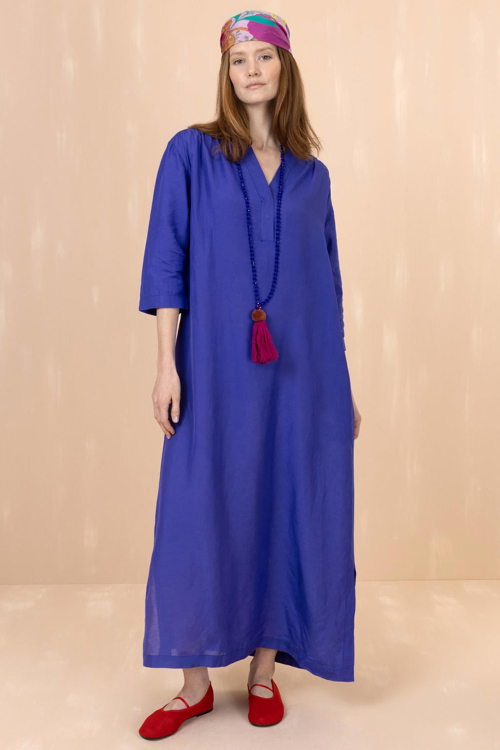 Blauwe dames Oilily maxi jurk van viscose met effen, driekwart mouwen en V-hals