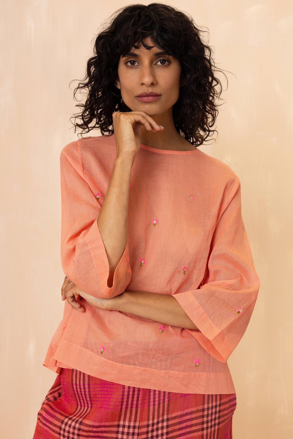 Oranje dames Oilily blouse van katoen met korte mouwen, klassieke kraag en knoopsluiting
