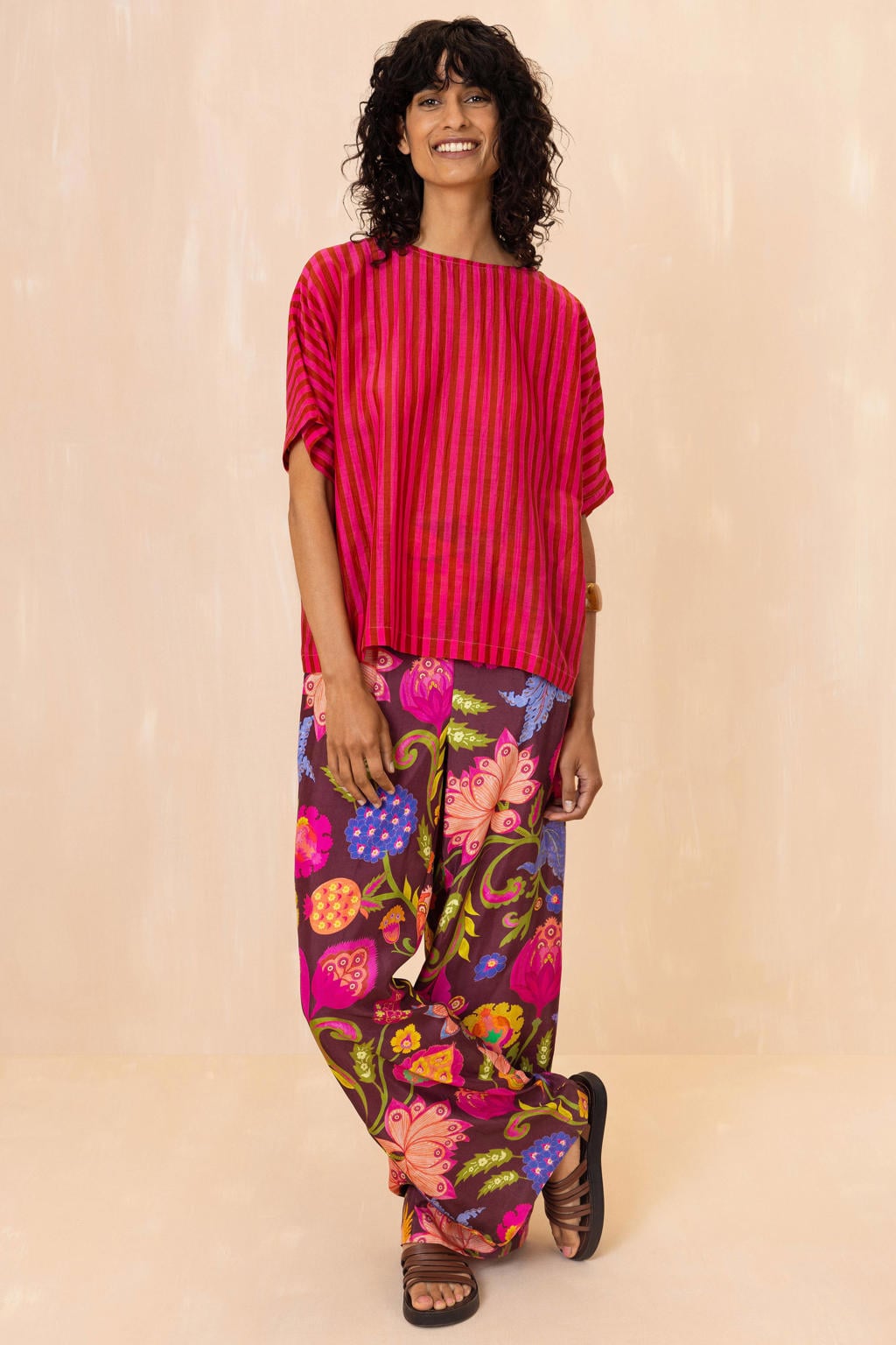 Multikleurige dames Oilily wide leg high waist broek van katoen met ritssluiting