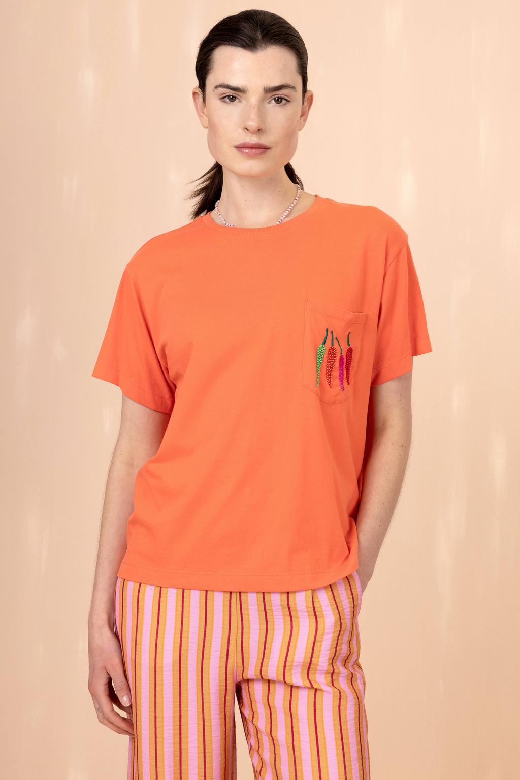 Oranje dames Oilily T-shirt broderie van katoen met effen, korte mouwen en ronde hals