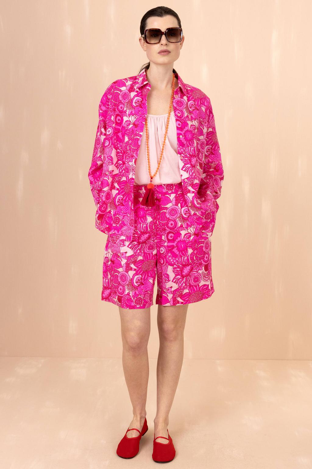 Roze en ecru dames Oilily regular high waist gebloemde broek van linnen met elastische inzet