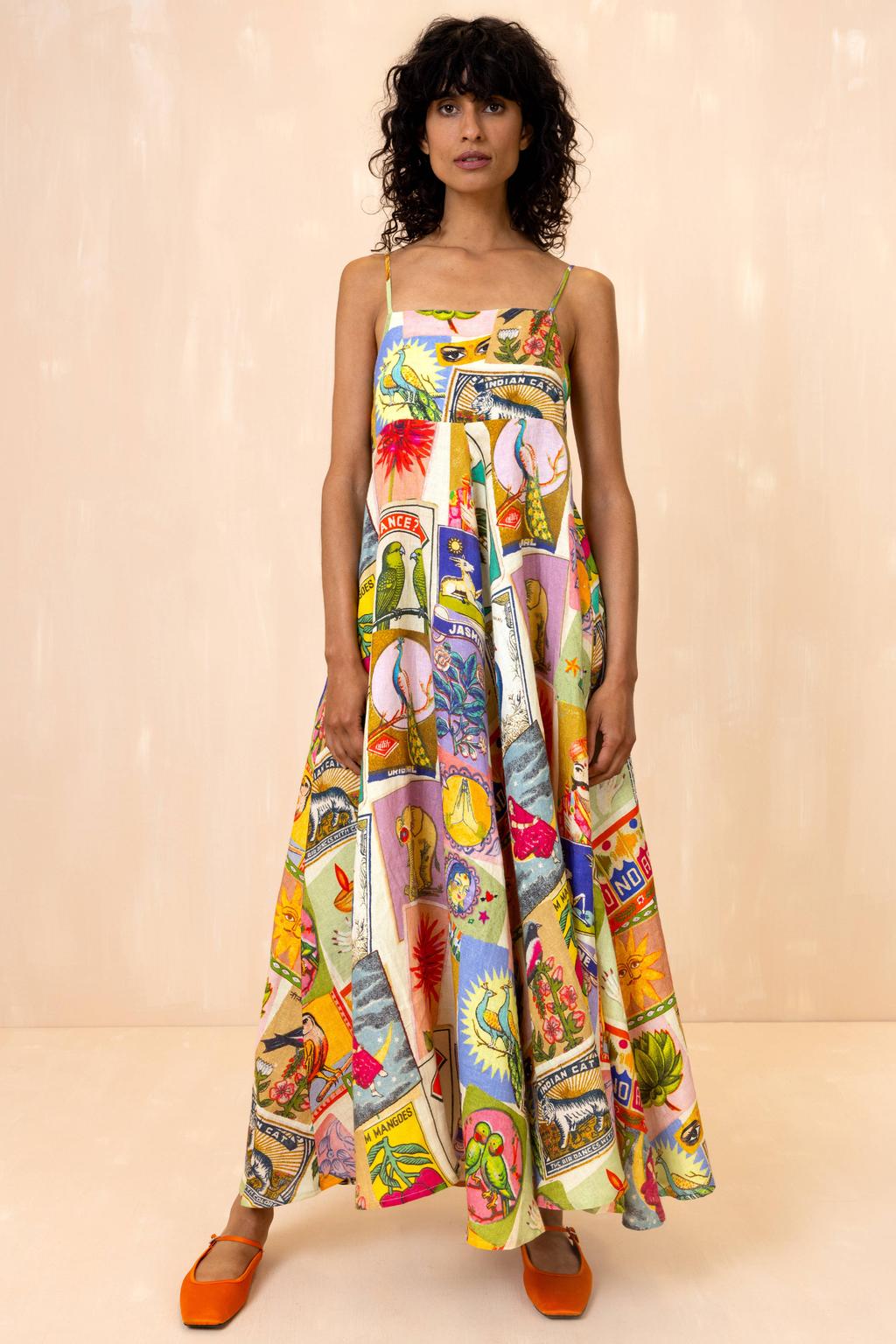 Multikleurige dames Oilily linnen maxi jurk met grafische print, spaghettibandjes, vierkante hals en elastische inzet