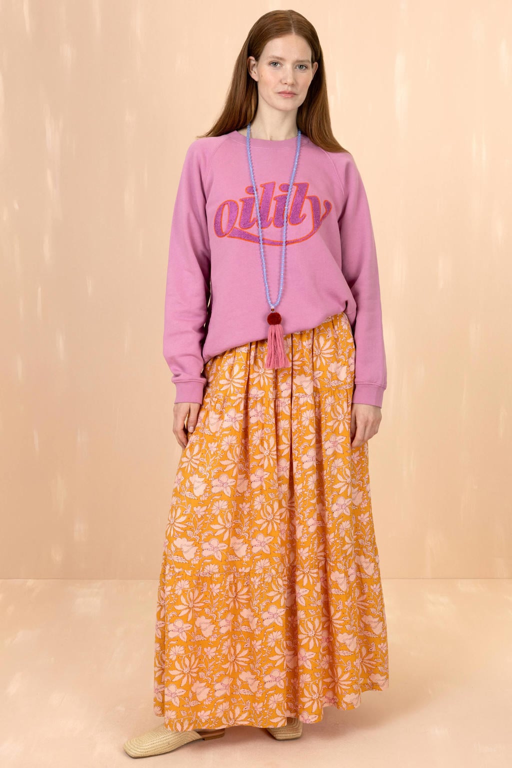 Roze dames Oilily sweater van katoen met tekst print, lange mouwen en ronde hals