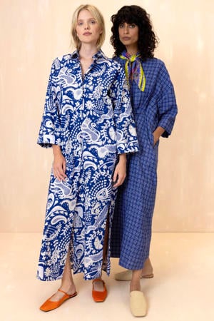 maxi jurk met bloemenprint blauw met linnen