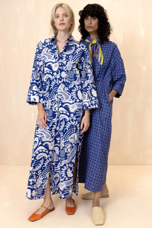 maxi jurk met bloemenprint blauw met linnen