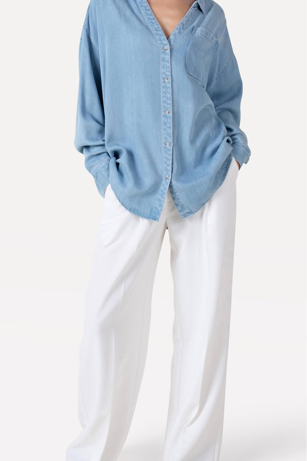 Ecru dames Another-Label wide leg regular waist broek met rits- en knoopsluiting en effen