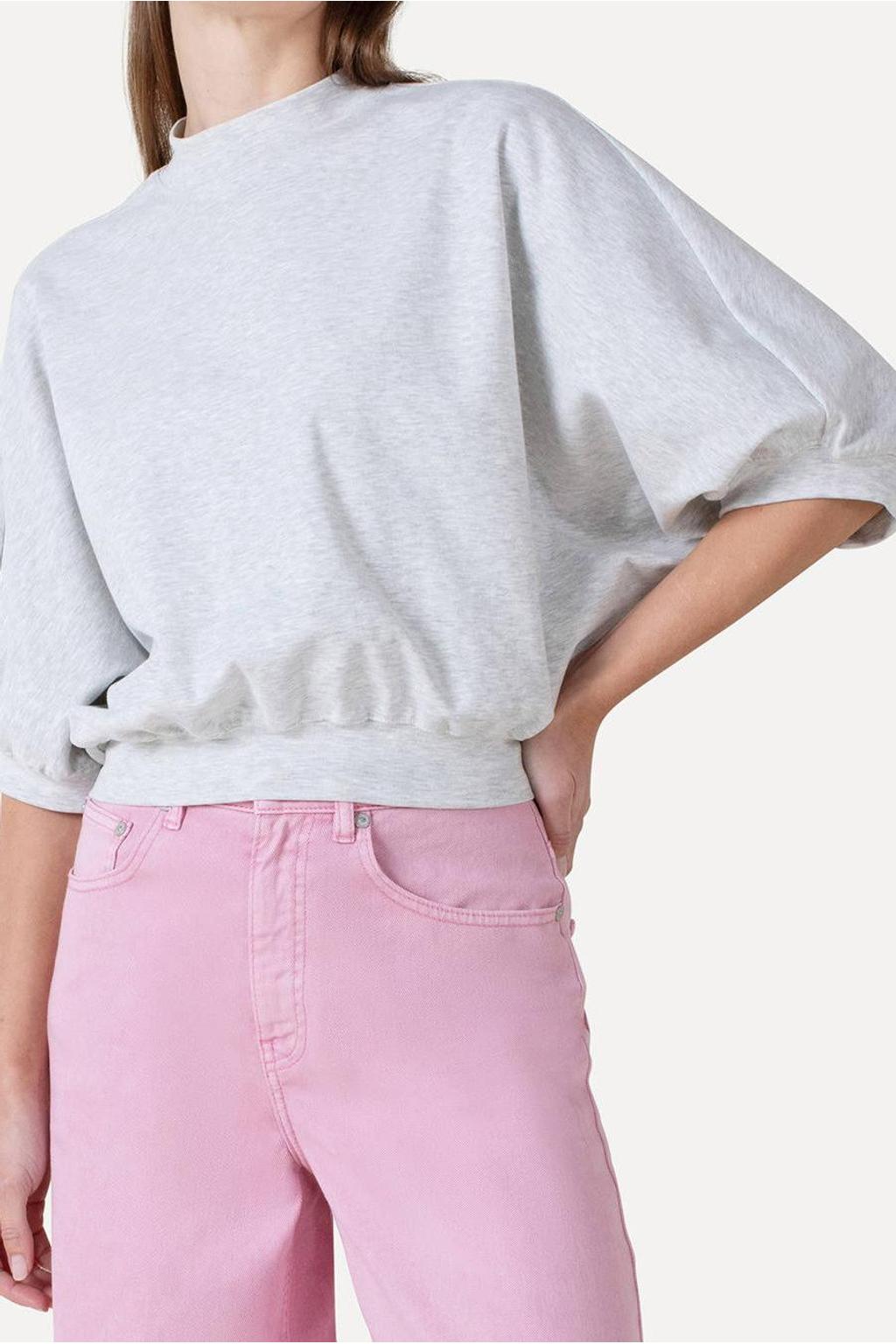 Lichtgrijze dames Another-Label top met effen, half lange mouwen, ronde hals en elastische boord