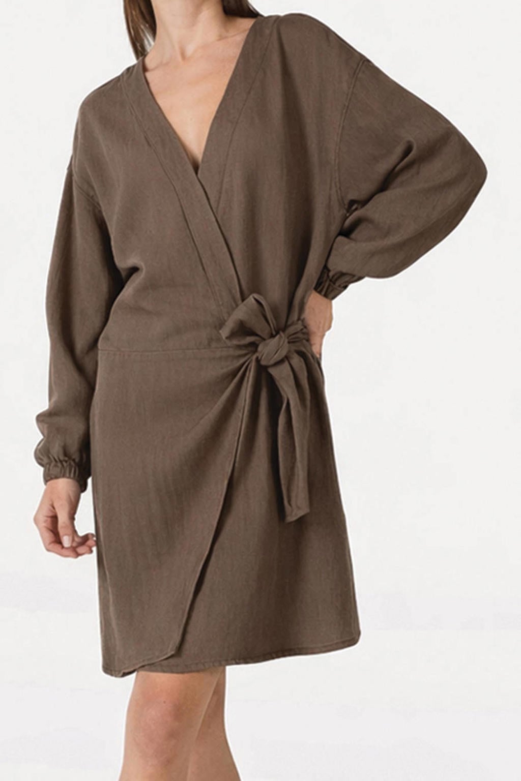 Bruine dames Another-Label wikkel- overslagjurk van viscose met effen, lange mouwen en V-hals