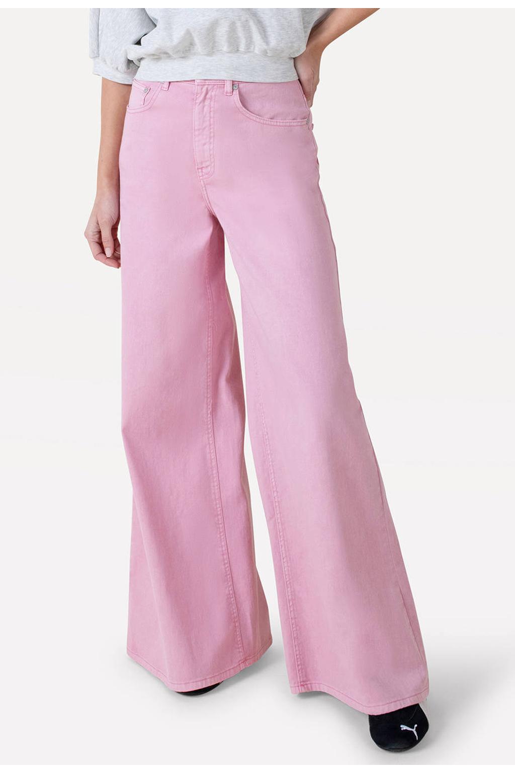 Lichtroze dames Another-Label Moore wide high waist wide leg jeans van katoen met rits- en knoopsluiting en effen