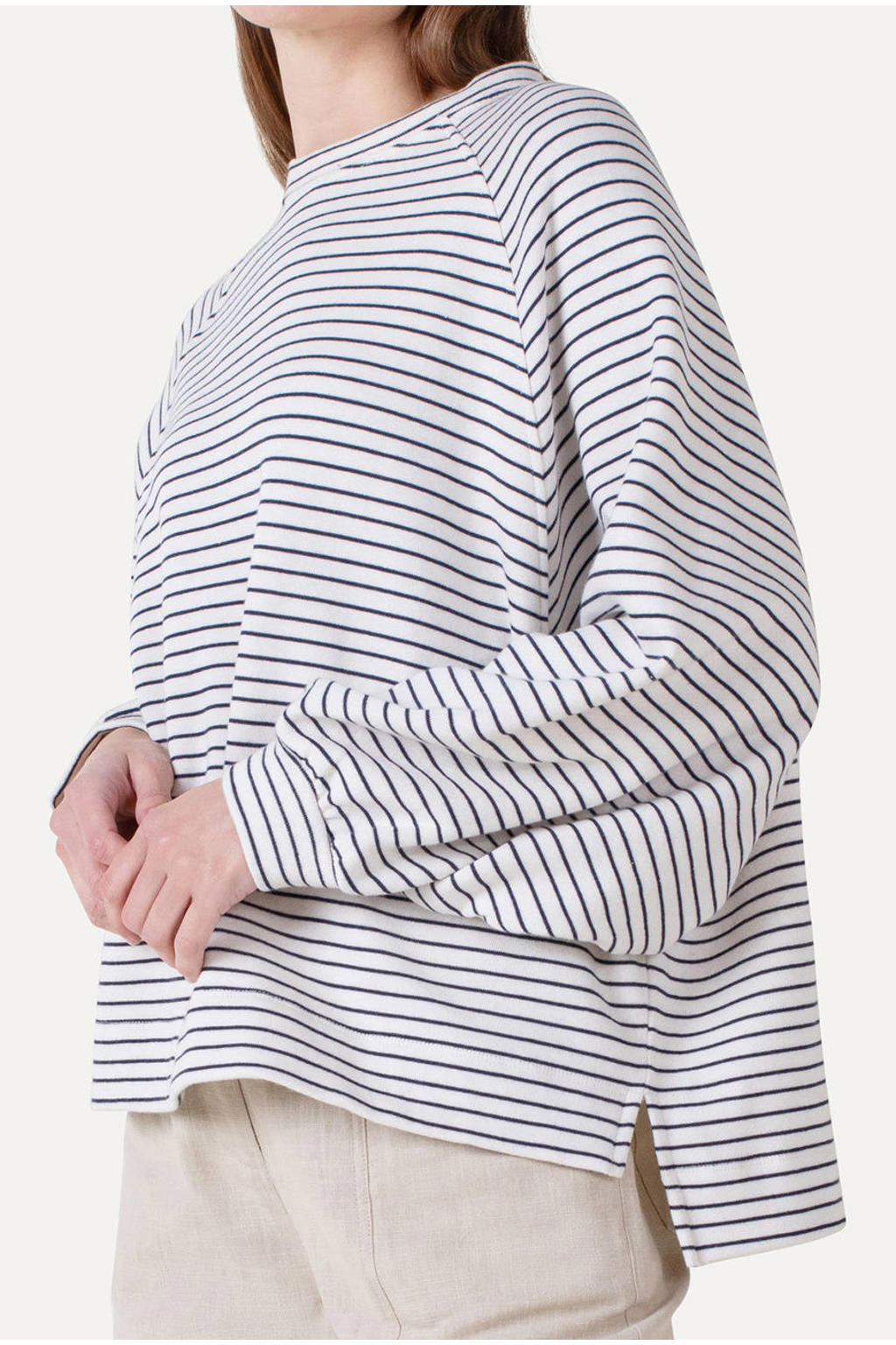 Wit en donkerblauwe dames Another-Label gestreepte sweater van katoen met lange mouwen en ronde hals